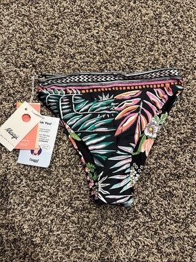 Maaji Black Tropical Print Bikini Bottom with Pink & Green Accents